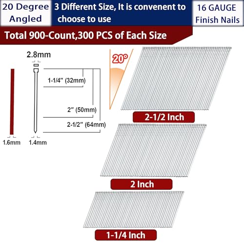 HW HAMWOO 16 Gauge 20°Finish Nails,2-1/2",2",1-1/4":900pcs - size: Assembly--900pcs