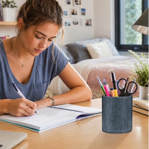 Round Leather Pen Holder for Desk, Desktop Organizer,(Navy Blue) - color: Navy Blue