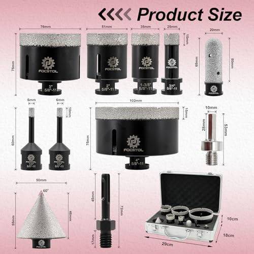 FOCSTOL Diamond Drill Bits Set 11PCS, 1/4"-4" Tile Hole Saw Kit - size: KIT10