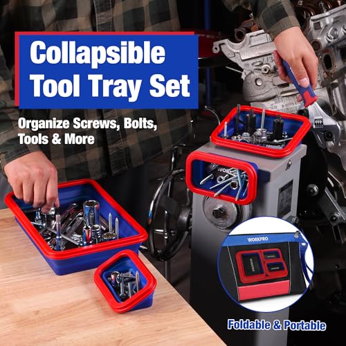 WORKPRO 4PC Collapsible Magnetic Parts Tray Set, Double-Sided Magnet Bowl