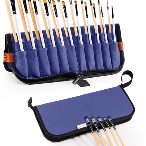 Stand Up Paint Brush Holder Case, 22-Slot Paintbrush Storage Bag Pop-Up - color: Navy, size: Medium 6*11"