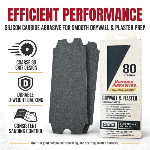 Virginia Abrasives Drywall & Plaster Sandpaper Sheets,4.18"x11.25", 80 Grit - style: Coarse
