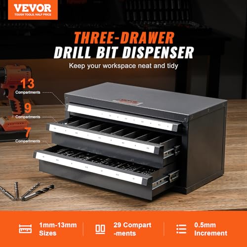 VEVOR Drill Bit Organizer - Three-Drawer Steel Cabinet for 1mm to 13mm, Labels, Stackable - size: (1/25" to 1/2")