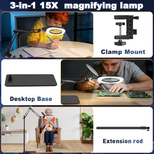 15X Real Glass Standing Magnifying Glass with Light and Stand, 3-in-1 Adjustable Magnifying Floor Lamp & Desk Lamp with Clamp, LED Dimmable Swing Arm Magnifier, Hands Free for Reading Crafts Repair
