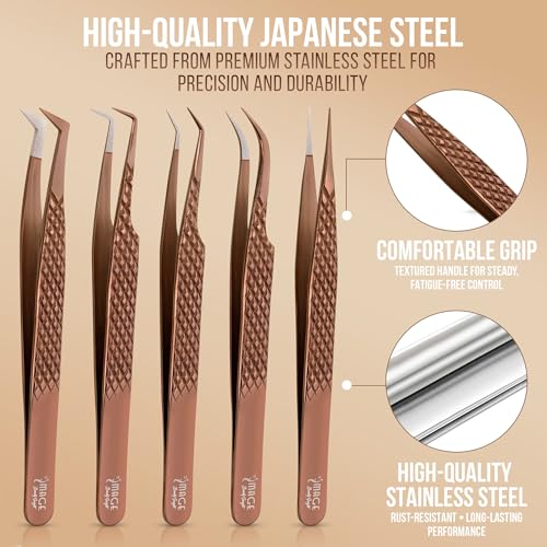5 Pcs Fiber Tip Eyelash Extension Tweezers with Leather Case, Rose Gold - color: Metallic-rose