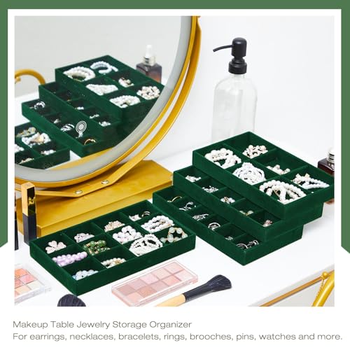 Junkin 12 Pcs Velvet Jewelry Organizer Tray, Stackable Storage - color: Green