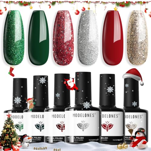 modelones Christmas Glitter Gel Nail Polish, 6 Pcs Red Green Gold Silver - color: A A A0 Merry Christmas