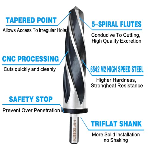 DKIBBITH 1-1/4" Bridge Construction Reamer Drill Bit, M2 HSS Taper Chucking Reamer for Steel Alloy Metal Wood Plastic, 1/2" Non-Slip Shank, 5-Spiral Flutes Car Reamer, to Align or Enlarge Holes, 32mm - size: 1-1/4"