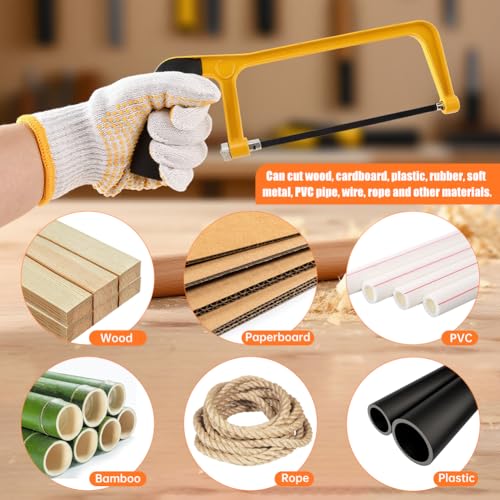 Mini Metal Mitre Box and Saw Set, 6" Hand Saw with 2 Spare Blades & Gloves - color: Yellow