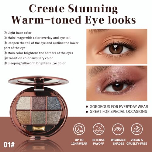 Neutral Brown Gold Shimmer Eyeshadow Palette with Mirror and Sponge Applicator, 6 Colors High Pigment Frost Shimmery Everyday Eye Shadow Makeup for Older Women, Brightening Eye Travel Size 01# - color: L-#01