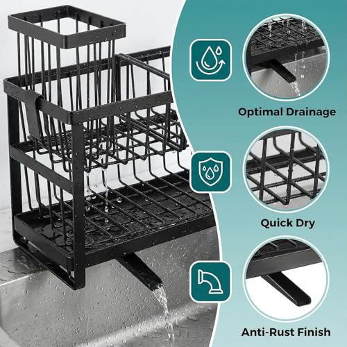 2-Tier Sink Sponge Caddy Organizer | Self Drain Sink Caddy with Dish Brush Holder | Non Toxic Kitchen Sink Accessories for Sponges, Brushes & Soap (Black) - color: Black