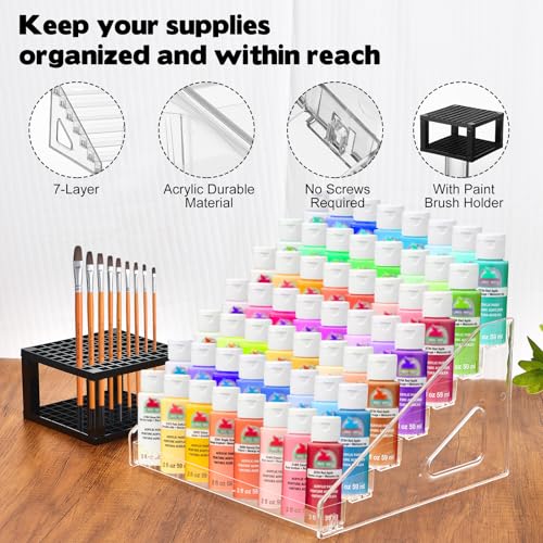 YEXEXINM 4 Pcs Clear Paint Organizer With 2 Pcs Paint Brush Holder,7 Layers Acrylic Paints Organizer Storage Rack,Craft Paints Organizers Rack - size: Clear