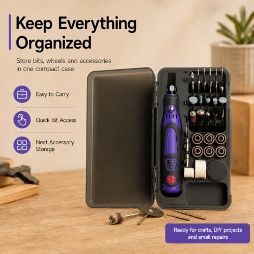 Cordless Rotary Tool Kit, 3.6V Mini Rotary Tool with 82 Accessories, 3 Variable Speed Rechargeable Engraving Pen for Wood, Glass, Metal, Electric Grinder for DIY Crafts, Sanding, Polishing - color: Purple (Indicator Light)