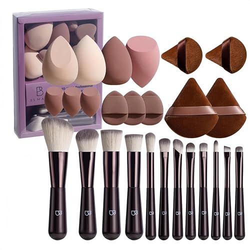 Travel Makeup Brush Set BS-MALL Makeup Sponges - Includes Foundation Brush, Powder Puff, Finger Sponges & Triangle Puffs For Soft Daily Use Professional 26 Pcs