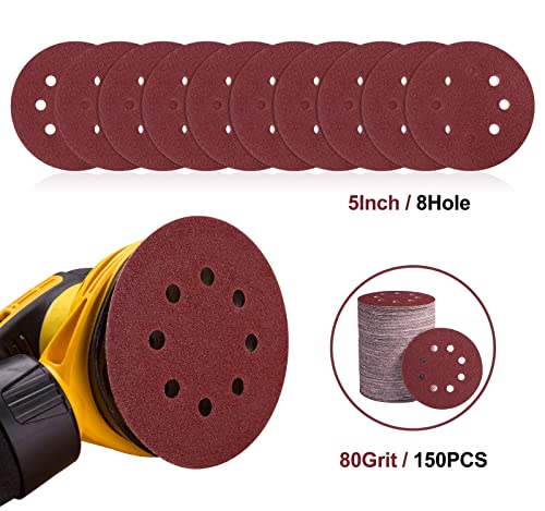 S SATC 150 PCS Sanding Discs 80 Grit Hook and Loop 5 Inch 8 Hole Adhesive Sandpaper for Woodworking and Automotive - style: 150PCS 5 Inch 80 Grit