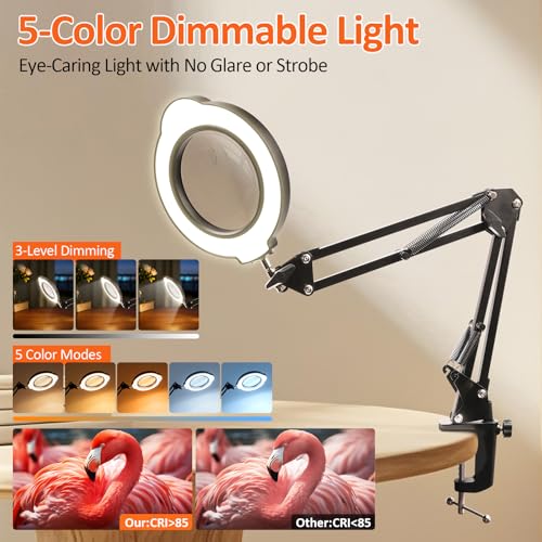 30X 10X Magnifying Glass with Light and Stand, Real Glass Lens Magnifying Lamp, Hands-Free LED Desk Magnifier with 5 Color Modes, 3 Brightness Levels for Crafts, Reading, Sewing, Electronics & Jewelry - color: Base & Clamp