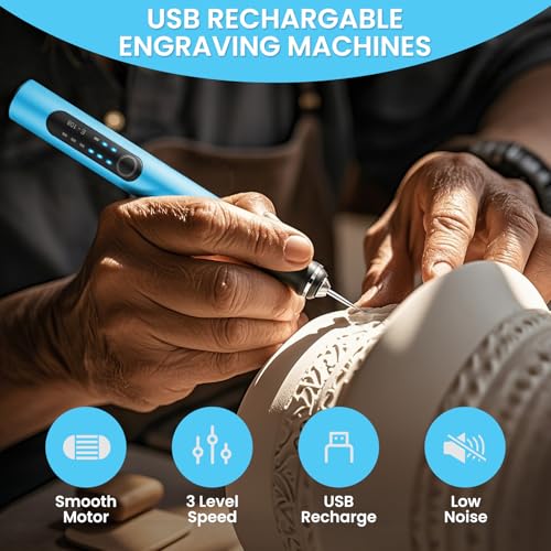Electric Engraving Pen with 37 Bits for Wood Glass Stone Carving (Blue) - color: Blue