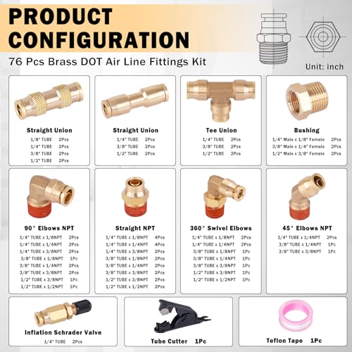 CheeMuii 76 Pcs Brass DOT Air Line Fittings Kit DOT Push to Connect Fitting - size: 76 PCS