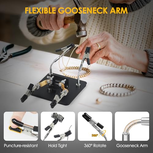 Helping Hands Soldering Station Holder with Iron Holder, Third Hand Tool with 4×4" Metal Non-slip Base, Storage Box and Adjustable Arms, Clamp Stand for Electronics, PCB Repair and DIY, Craft