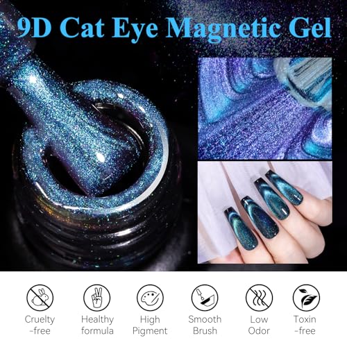 MIZHSE 9D Cat Eye Gel Nail Polish, Dual Colors Blue & Purple Magnetic Gel Polish with Magnet Stick, Magic Chameleon Galaxy Effect Holographic Glitter Silky Cat Eye Nail Polish Soak Off Nail Art Salon - color: 0-0-10Cat Eye Blue
