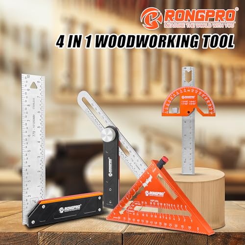4Pcs Woodworking Tools -7''Aluminum Rafter Square,12''Adjustable Protractor Angle Finder,10'Woodworking Square Ruler and T-Bevel Gauge-1/16 Precision… - style: 4PCS