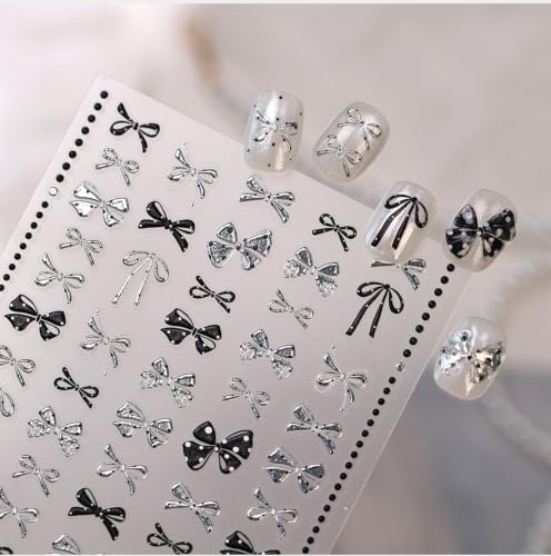1 Sheet Polka Dots Silver Bow Nail Art Stickers 5D Embossed Bow Nail Stickers Y2K Black Silver Kawaii Bow Knot Nail Decoration with Metal Design Ribbon Bow Tie Nails Supplies for Women DIY Manicure - color: Silver Bow