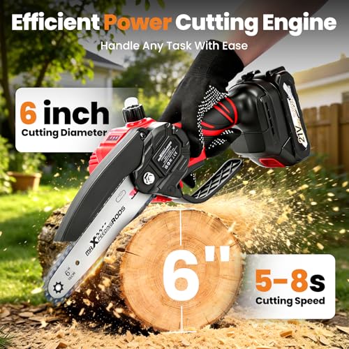 maXpeedingrods Mini Chainsaw Cordless, 6 inch Small Chainsaw Electric Saw - color: Red 2 Batteries