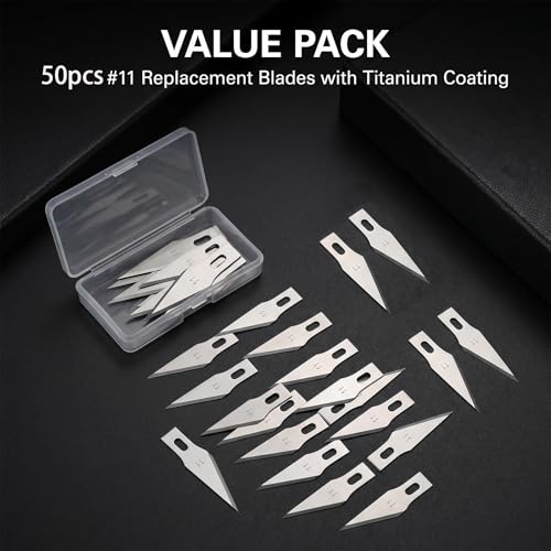 50 Pack #11 Hobby Blade Refill – Titanium Coated Precision Craft Knife Blades, Exacto Knife Replacement Blades with Storage Box for Crafts, Hobbies, Scrapbooking, Stencils
