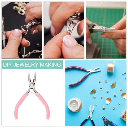 HARFINGTON Needle Nose Pliers 5" Mini Jewelry Pliers with Cutter & Non-slip PVC Handle Thin Precision Jewelry Flat Jaw for Beading Tool Hobby Craft, Pink