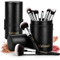 Makeup Brush Set with Case, Synthetic Bristles, Wood Handle, 12 Pcs - color: Black