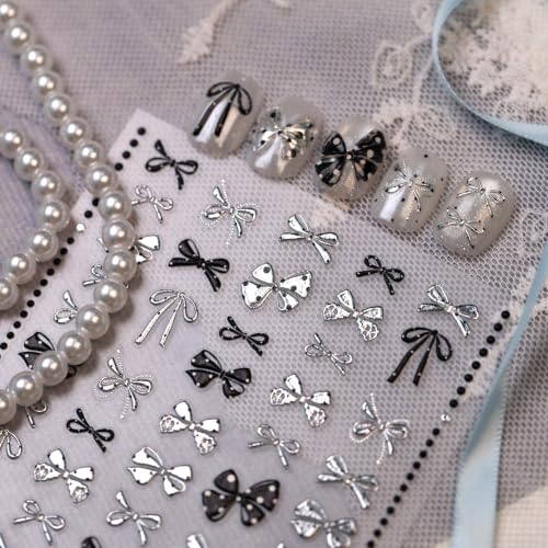 1 Sheet Polka Dots Silver Bow Nail Art Stickers 5D Embossed Bow Nail Stickers Y2K Black Silver Kawaii Bow Knot Nail Decoration with Metal Design Ribbon Bow Tie Nails Supplies for Women DIY Manicure - color: Silver Bow
