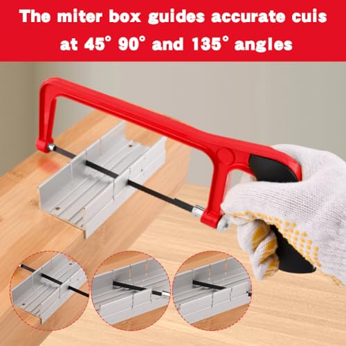 Mini Hacksaw with Miter Box, 6" Hand Saw Kit with 2 Spare Blades & Gloves - color: Red
