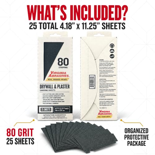 Virginia Abrasives Drywall & Plaster Sandpaper Sheets,4.18"x11.25", 80 Grit - style: Coarse