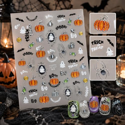 1 Sheet Halloween Nail Art Stickers 5D Embossed Self Adhesive Nails Decals Cute Ghost Pumpkin Nail Sticker Frame Ghost Pegatinas Uñas Silver Bats Spider Manicure Sliders for Women Nails Decoration - color: Halloween Ghost Pumpkin