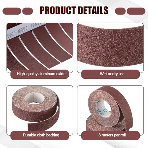 6 Grits Emery Cloth Roll 8m 1'' x 26' Sand Paper Roll with Dispenser, 80 150 240 320 400 600 Grit Abrasive Sand Paper Assortment for Wood Furniture Metal Automotive Polishing, Wet and Dry Use