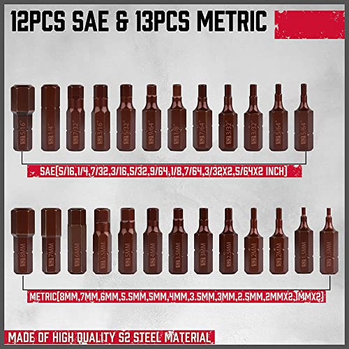 Premium 25-Piece Allen Key Drill Bit Set - Durable Allen Wrench Bits with Strong Magnetic Tips, SAE & Metric Hex Keys - color: 25 Pcs 1" Hex