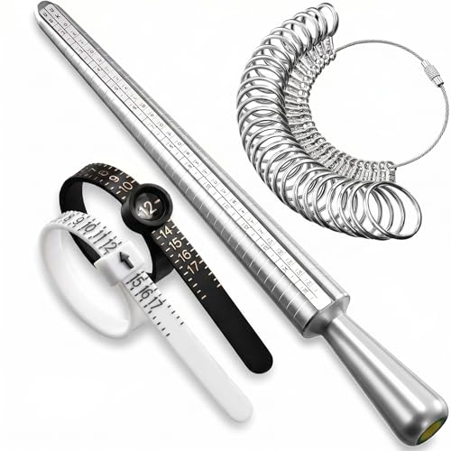 Ring Sizer Measuring Tool Set with Finger Sizer Mandrel, Ring Gauge for Jewelry Sizing, Silver, 4 Piece (Metal-4 Set)