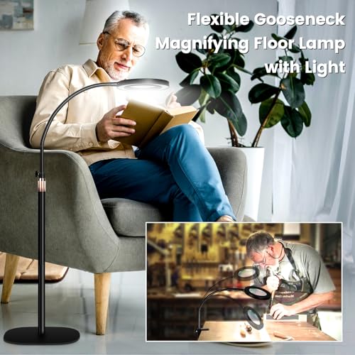 4-in-1 Magnifying Glass with Light and Stand, 3-Color Stepless Dimmable LED Magnifying Floor Lamp, 24" Gooseneck Swing Arm Lighted Magnifier with Clamp for Reading Craft (12X Black) - color: Black