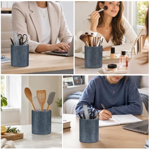 Round Leather Pen Holder for Desk, Desktop Organizer,(Navy Blue) - color: Navy Blue