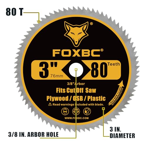 FOXBC 3 Inch 80T Circular Saw Blade Cutting for Plywood, OSB, Veneer, Plastic with 3/8" Arbor - 5 Pack