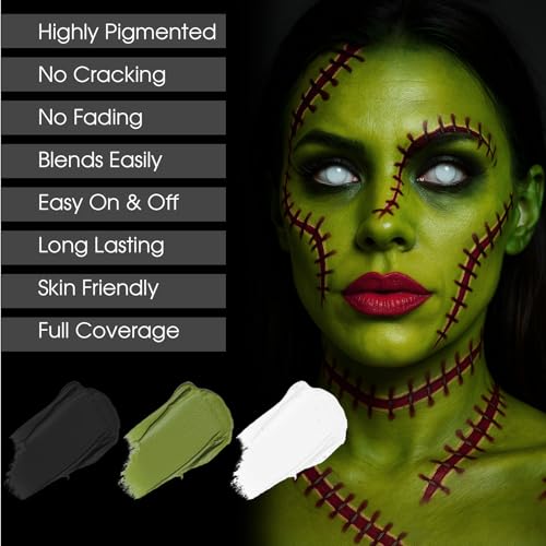 BADCOLOR 3PCS Black White Orge Green Face Body Paint Stick Makeup for Frankenstein/Witch/Grinch/Hulk/Alien/Demon/Evil Clown SFX Cosplay & Dress Up, Full-Coverage Halloween Facepaint Makeup Kit - color: 3PCS Frankenstein