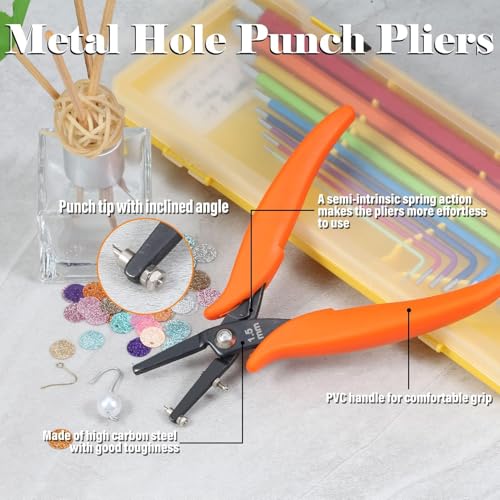 Metal Hole Punch Pliers 6" Small Round Hole Punch Pliers Two Replacement Pins for Jewelry Making to Create 1.5mm Clean Holes Jewelry Tool with PVC Handles for Handcraft Work DIY Hand Tool - style: Long Jaw 1.5mm