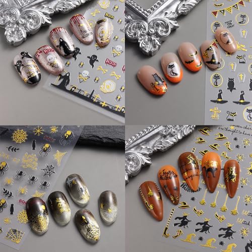 12 Sheets Halloween Nail Stickers for Nail Art,3D Self-Adhesive Nail Decals - color: Halloween Golc