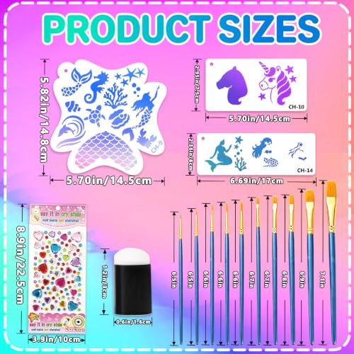 39PCS Face Paint Stencils Kit Includes 15 Reusable Facial Painting Stencils, 8 Sheets Tattoo Stencil Stickers, 10 Brushes, 2 Pack Adhesive Gems, 4 Sponge for Halloween Birthday Carnival Party Makeup - color: Party