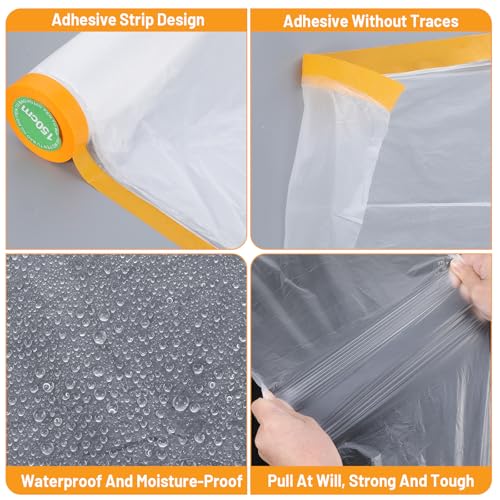 Pre-Taped Masking Film, 5 ft x 65 ft Painters Plastic Sheeting