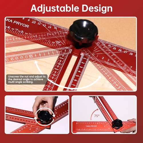 14in Woodworking Scriber Marking Line Ruler, Adjustable Aluminum Alloy Sliding T-Square Ruler,Precision Line Drawing aid Ruler with Angle Adjustment Scale Drilling Positioning (Red)
