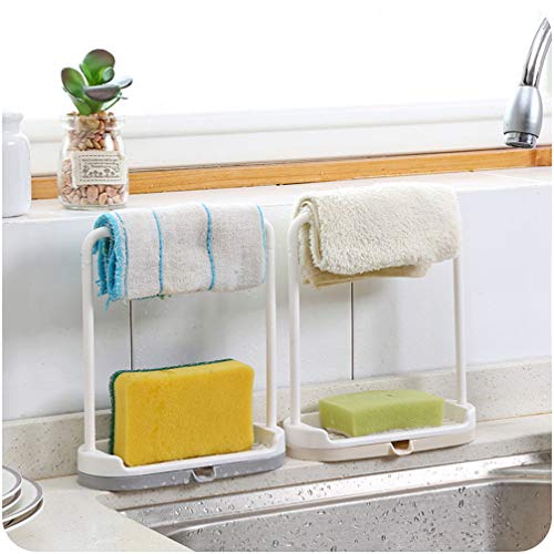 Kitchen Sink Sponge Holder with Dish Cloth Drying Rack, Rag Soap Rack Removable Sponge Brush Soap Dish Rack Sink Storage Organizer for Kitchen Countertop (Grey)