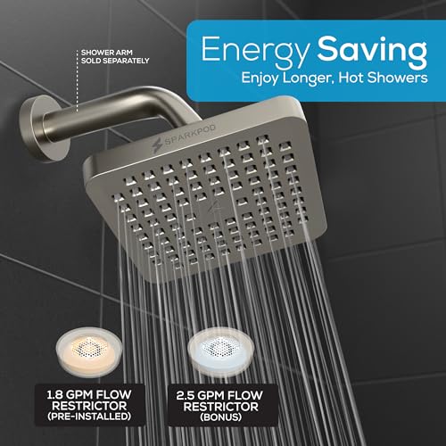 SparkPod Rain Shower Head, 6 Inch Square, Elegant Brushed Nickel Finish - color: Elegant Brushed Nickel, style: 6 Inch Square
