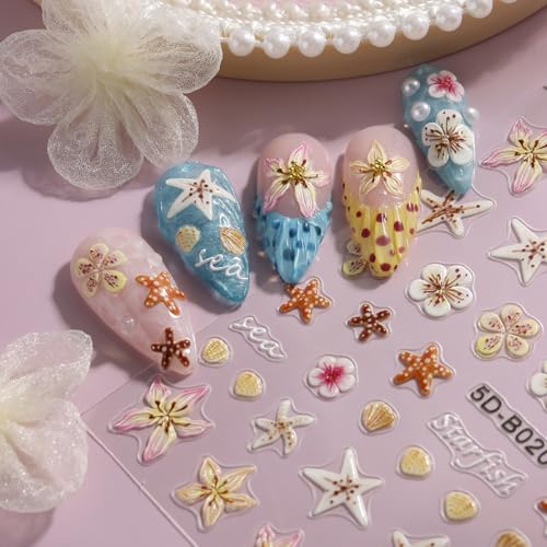 2Pcs Summer Nail Art Stickers 5D Embossed Self-Adhesive Nail Decals Starfish Bow Flower Sea Nail Design Stickers Summer Beach Theme Nails Art Supplies for Women Manicure Decorations - style: starfish flower