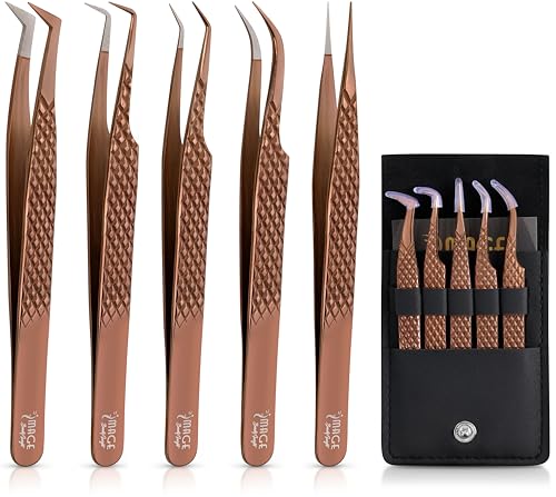 5 Pcs Fiber Tip Eyelash Extension Tweezers with Leather Case, Rose Gold - color: Metallic-rose